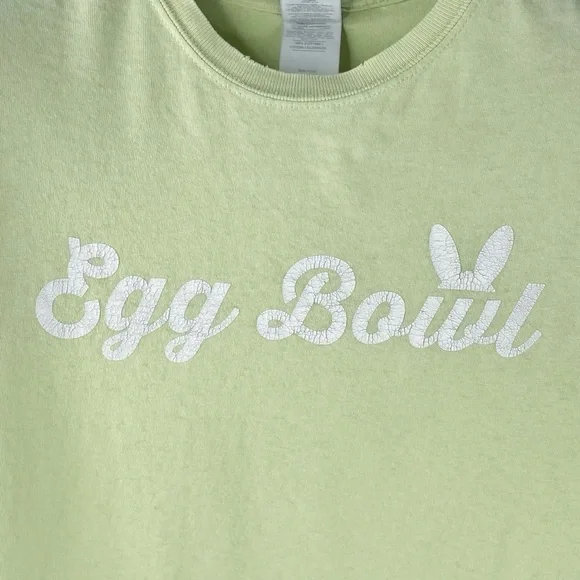 GILDAN NEW YORK LIFE Women’s Lime Green Egg Bowl T-shirt w Rabbit Ears Size S - Picture 2 of 5